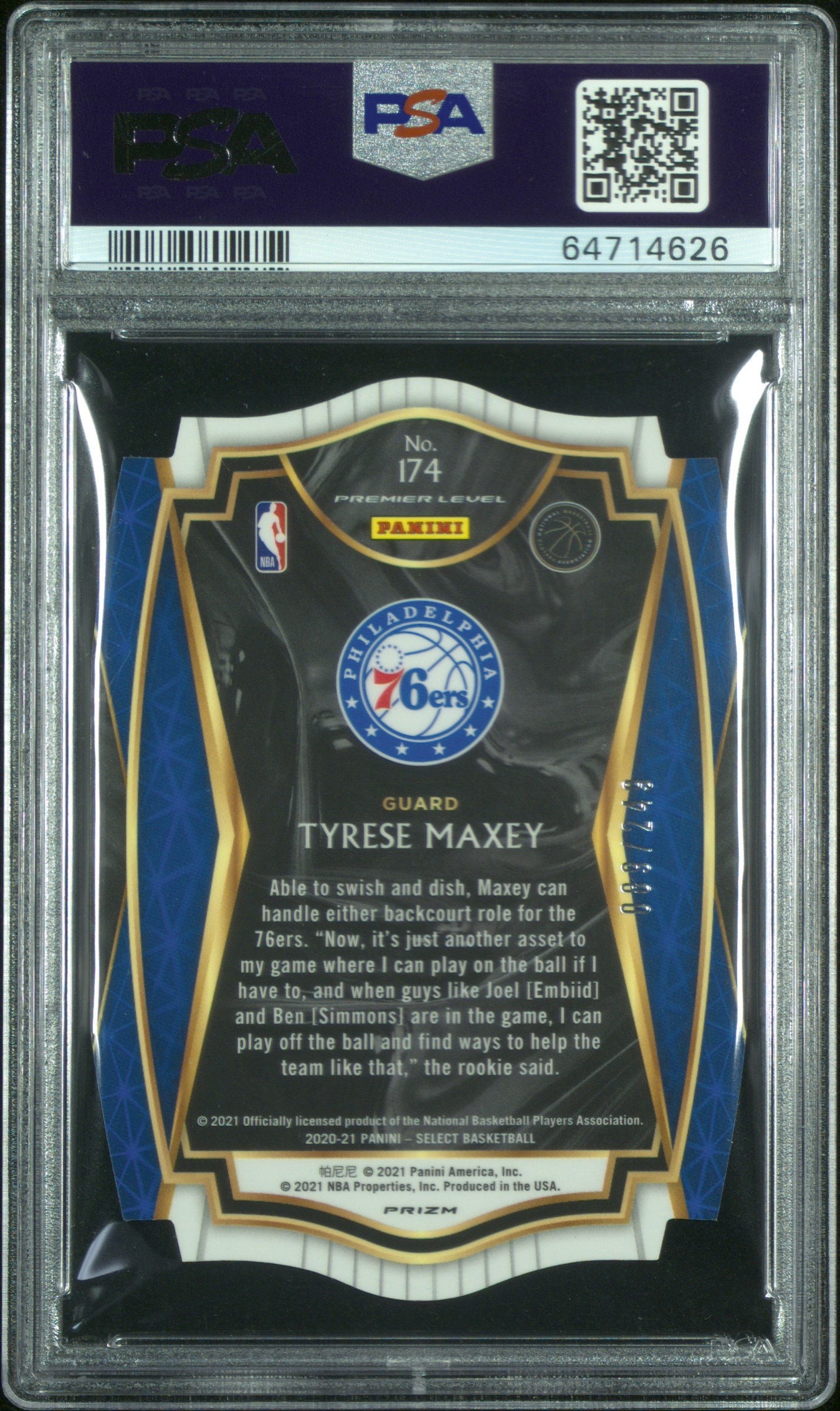 2020 PANINI SELECT #174 TYRESE MAXEY BLUE DIE-CUT #/249 PRIZM PSA 9