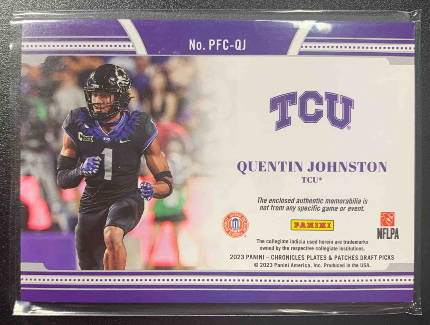 2023 Panini Chronicles Draft Picks Quentin Johnston #PFC-QJ Plates and Patches Full Coverage Prime /10 RC