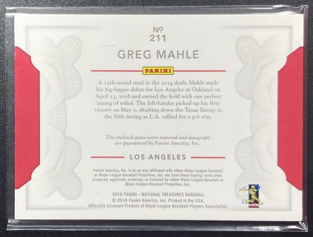 2016 Panini National Treasures Greg Mahle #211 Rookie Materials Signatures /99 RC Auto