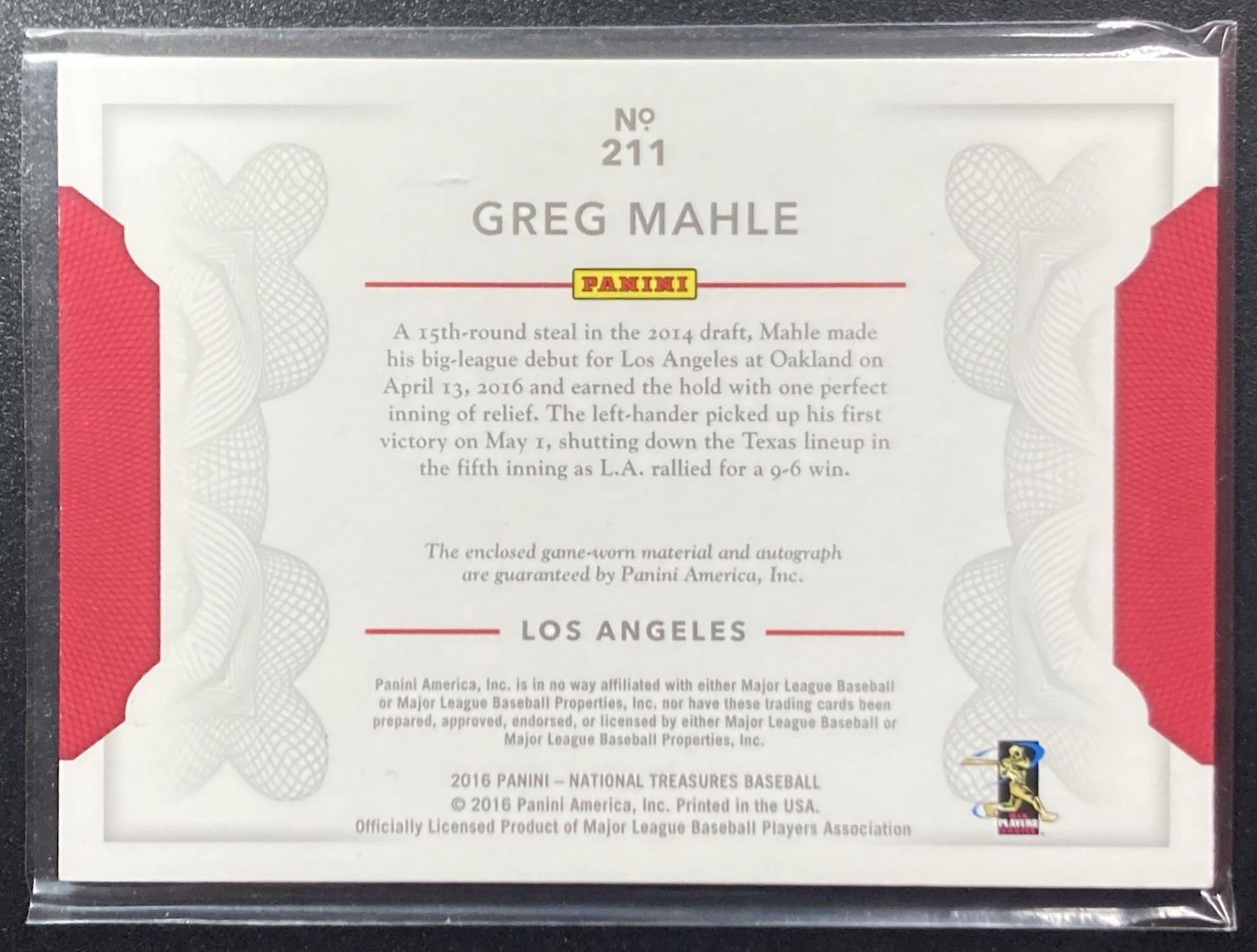 2016 Panini National Treasures Greg Mahle #211 Rookie Materials Signatures /99 RC Auto