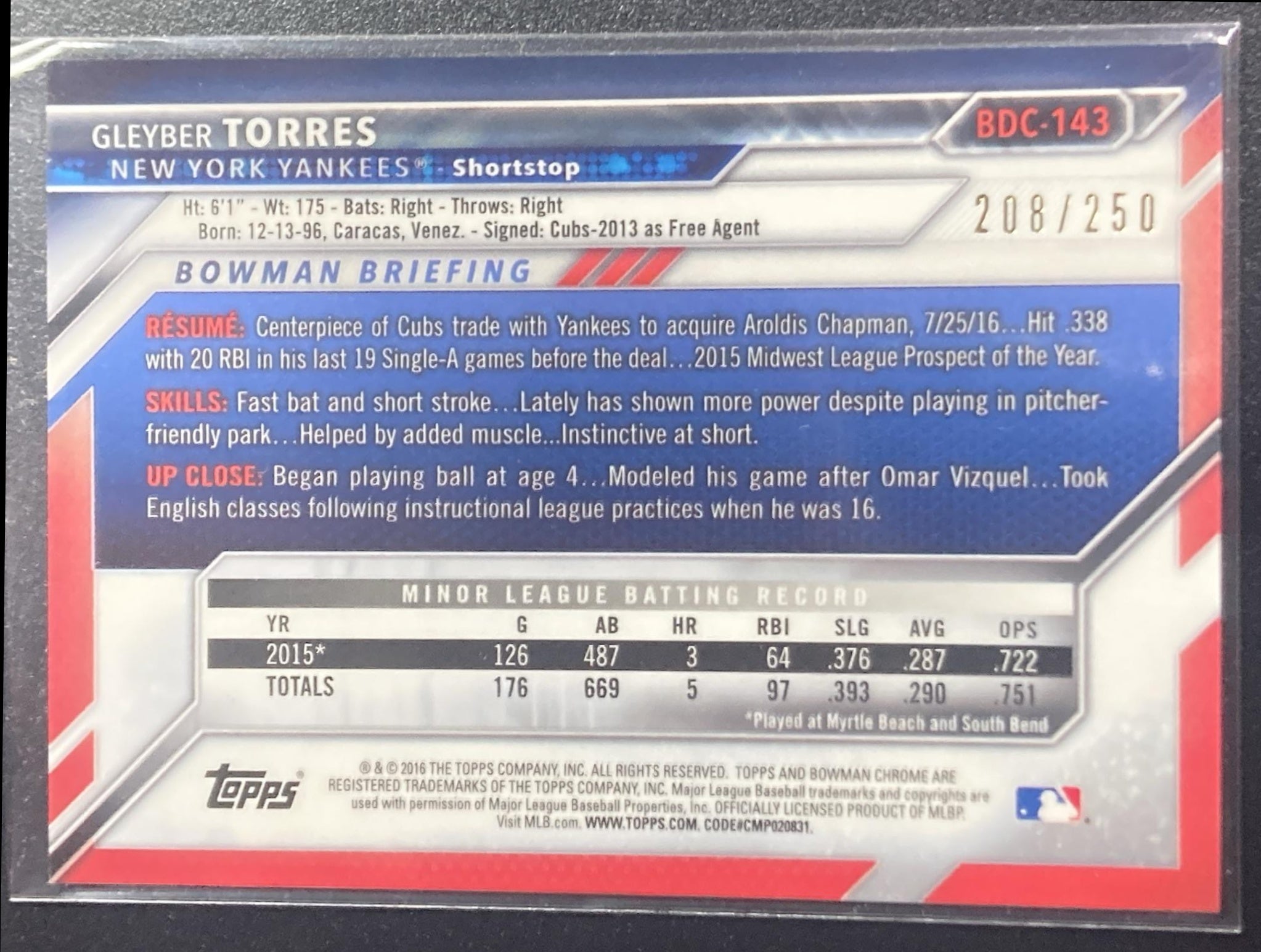 2016 Bowman Draft Gleyber Torres #BDC-143 Chrome Purple Refractor /250