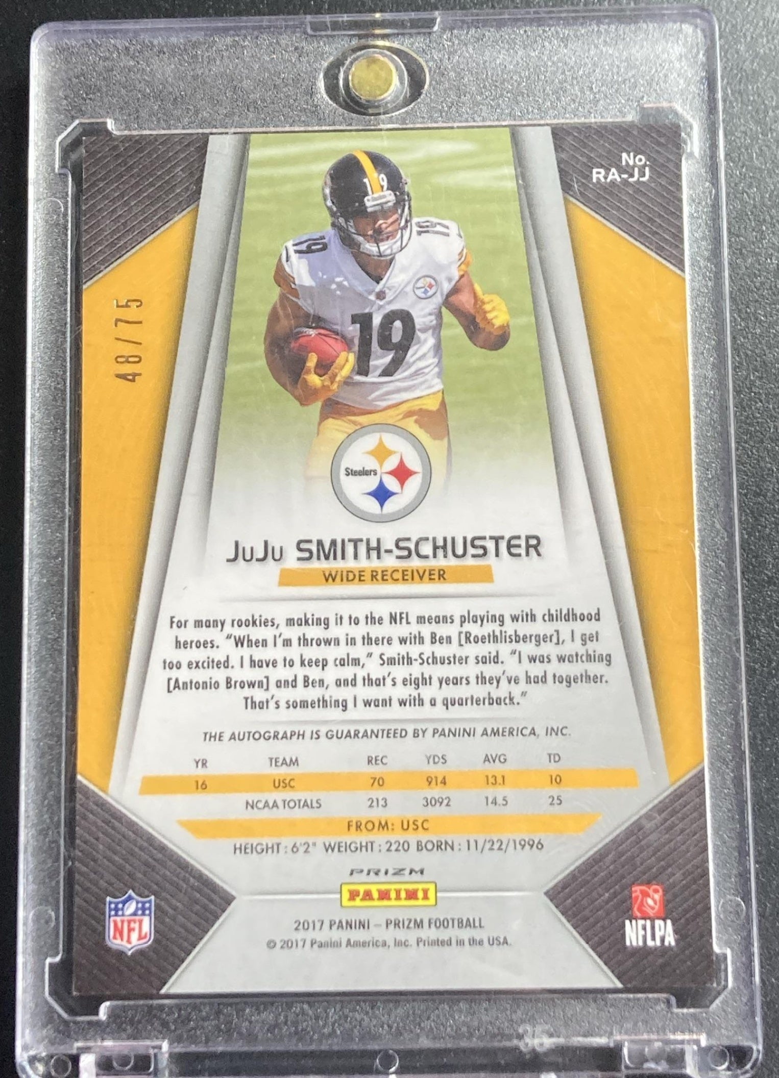 2017 Panini Prizm JuJu Smith-Schuster #RA-JJ Rookie Auto Purple Crystals /75 RC