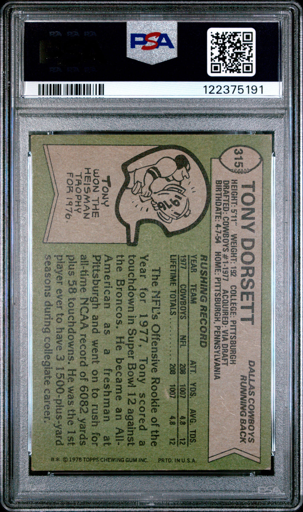 1978 Topps Football Tony Dorsett #315 PSA 3 - VG