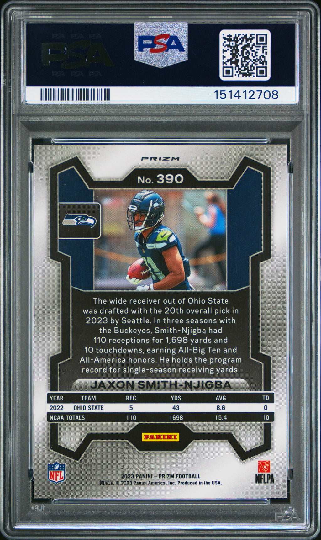 2023 PANINI PRIZM FOOTBALL #390 JAXON SMITH-NJIGBA LAZER PRIZM PSA 9 Seahawks