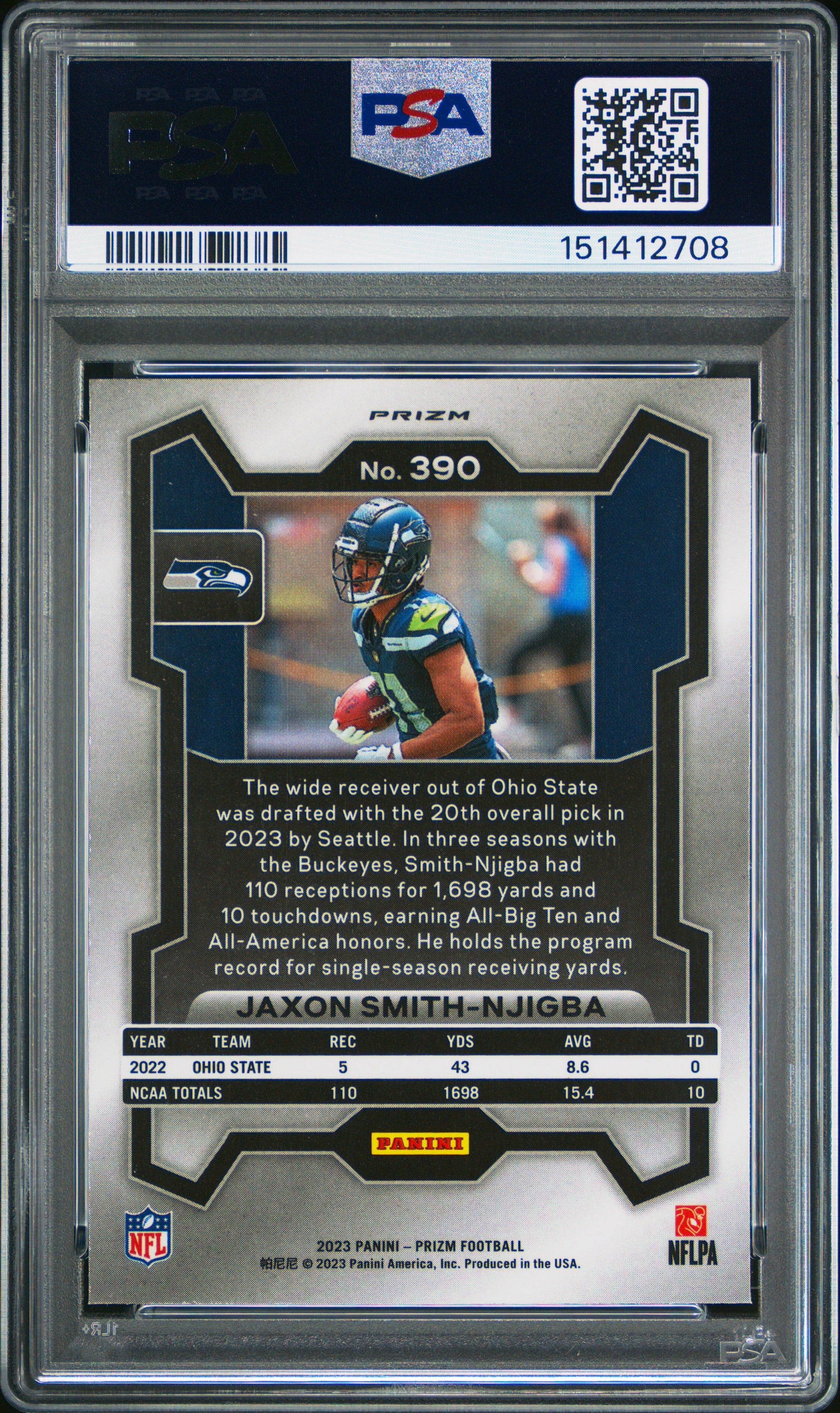 2023 PANINI PRIZM FOOTBALL #390 JAXON SMITH-NJIGBA LAZER PRIZM PSA 9 Seahawks