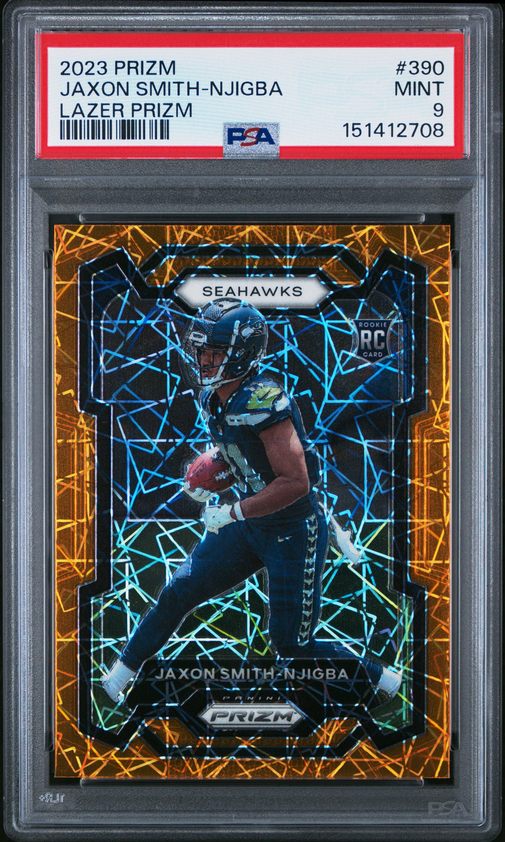 2023 PANINI PRIZM FOOTBALL #390 JAXON SMITH-NJIGBA LAZER PRIZM PSA 9 Seahawks