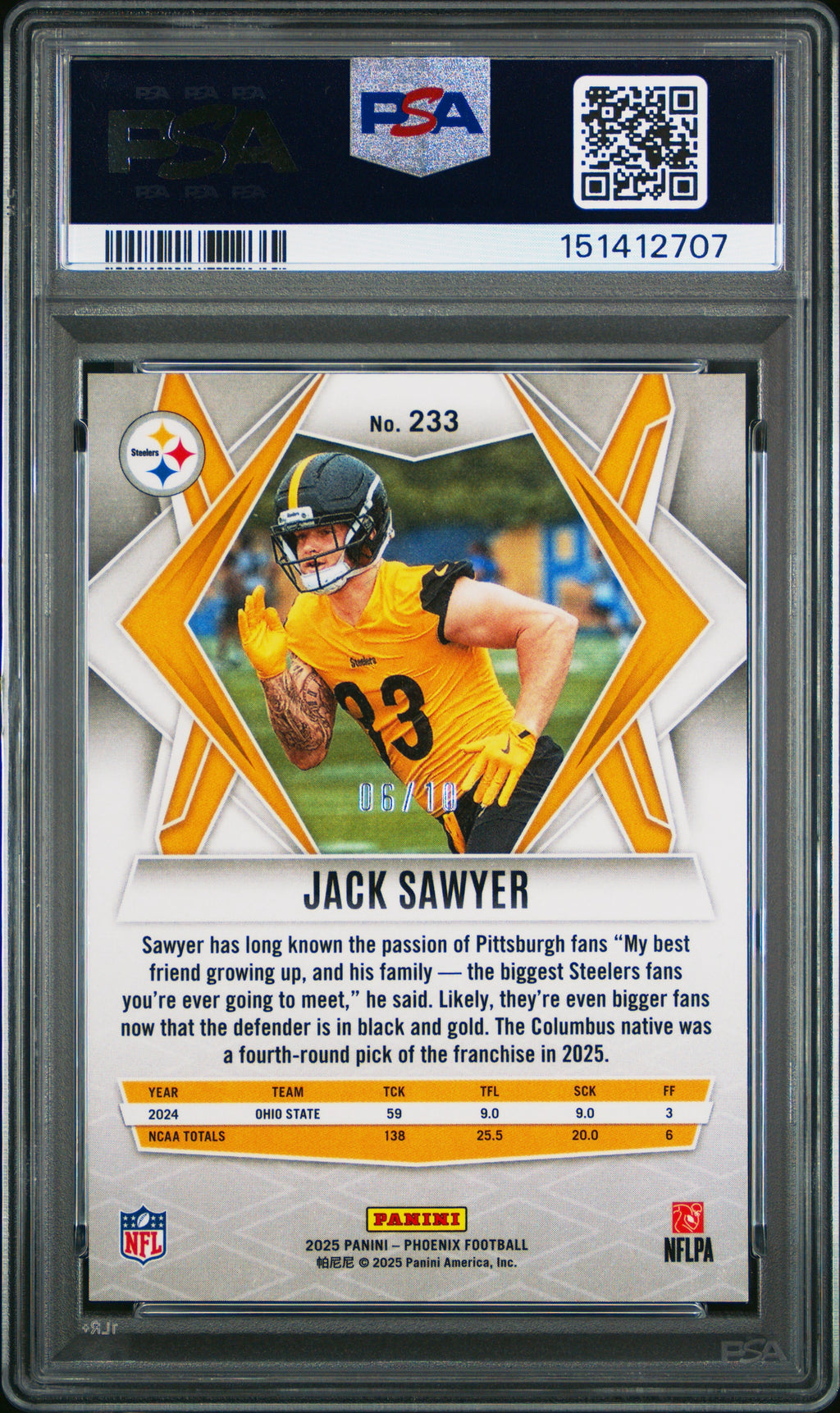 2025 PANINI PHOENIX #233 JACK SAWYER GOLD HYPER /10 Steelers