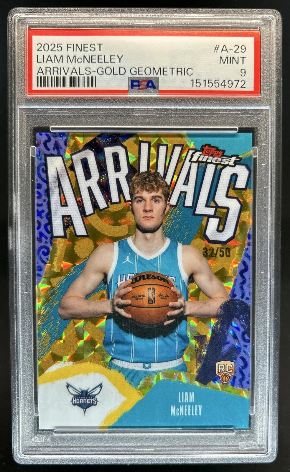 2025-26 Topps Finest Liam McNeeley Arrivals RC Gold Geometric #/50 PSA 9